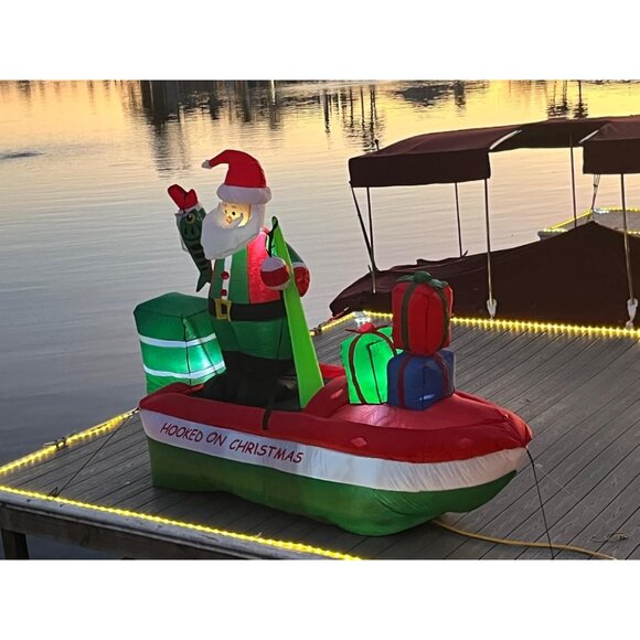 🆕8FT Christmas Inflatables Santa Claus Fishing on a Boat Outdoor Decorations - Picture 1 of 7